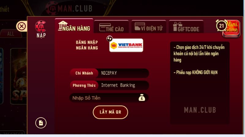 Nạp tiền ManClub qua ngân hàng đơn giản