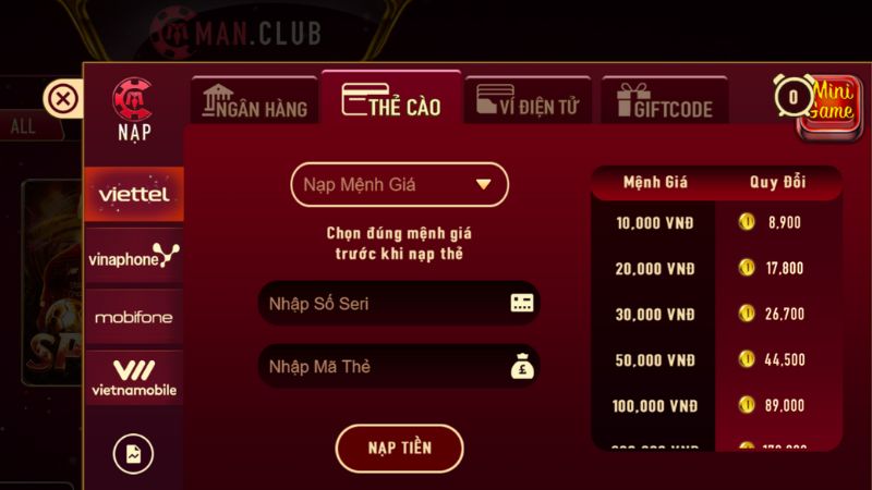 Nạp tiền ManClub qua thẻ cào linh hoạt