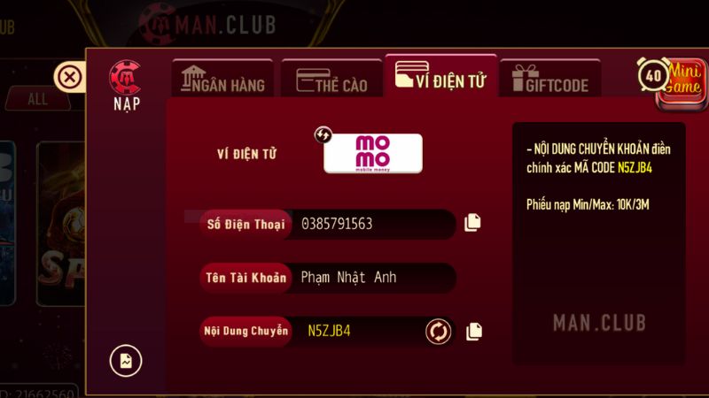 Nạp tiền ManClub qua ví điện tử tiện lợi