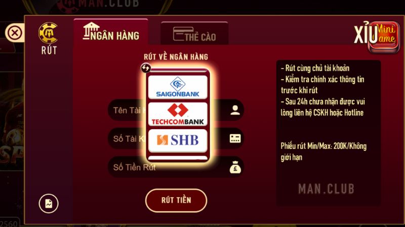 Điền thông tin rút tiền ManClub qua ngân hàng.