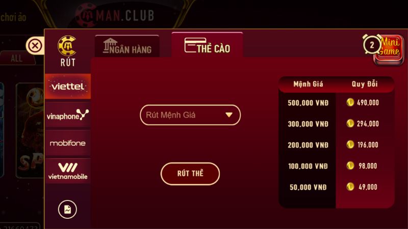 Rút tiền ManClub qua thẻ cào tiện lợi
